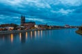 View on Elbe coast and gothic Magdeburg Cathedral during blue hour