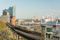 View of the Elbe River, waterfront and train tracks at the famous St. Pauli LandungsbrÃÂ¼cken in Hamburg, Germany Royalty Free Stock Photo