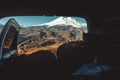 View Of Elbrus From The Rear Door Of The Car. Road Adventure Con