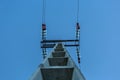 View of a electricity pole and power lines with blue sky as background Royalty Free Stock Photo