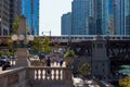 View of elevated `el train as it crosses over the Chicago Loop during evening commute Royalty Free Stock Photo