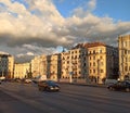 View from Elizabeth Bridge on the street. Clouds, buildings, cars, Budapest, Hungary