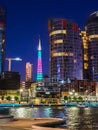 View of elizabeth quay and The Bell Tower at twilight, Perth, Western Australia, Australia