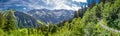 View of Elm village and Swiss mountains - Piz Segnas, Piz Sardona, Laaxer Stockli from Ampachli, Glarus, Switzerland, Europe