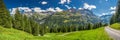 View of Elm village and Swiss mountains - Piz Segnas, Piz Sardona, Laaxer Stockli from Ampachli, Glarus, Switzerland, Europe