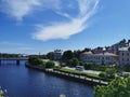 View of the embankment of the city of Vyborg from the wall of the Vyborg Castle against the blue sky
