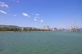 View of the embankment and commercial sea port. Russia, Novorossiysk, July 22, 2019