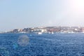 View of embankment of Hurghada with modern buildings brightened by sunlight