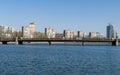 View of the embankment of the Kalmius river and bridge over it in Donetsk. Ukraine. DPR