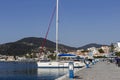 View of the embankment and yachts of the island of Paros Greece in a spring evening