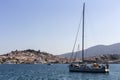 View of the embankment and yachts of the island of Paros Greece in a spring evening