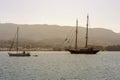 View of the embankment and yachts of the island of Paros Greece in a spring evening