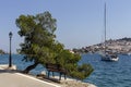 View of the embankment and yachts of the island of Paros Greece in a spring evening