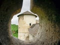 View through embrasure of defense fortress tower, Kamianets-Podilskyi, Ukraine