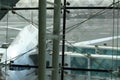 View of Emirates Airlines airplane parking on apron viewed from waiting lounge inside the terminal at Dubai Intenational Airport