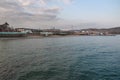 View of the empty beaches and embankment of resort village of Koktebel in spring. Crimea