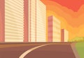 View on city street at sunset with road, high-rise building and green bushes. Urban landscape. Flat vector design