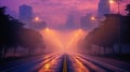 View empty dark night blue foggy misty rainy highway city road. Royalty Free Stock Photo