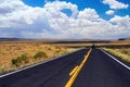 View on empty endless black asphalt road with yellow and white lane markings in dry arid landscape against blue summer sky with Royalty Free Stock Photo