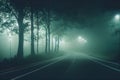 View empty foggy misty rainy highway road. Low poor visibility. Twilight. Generative Ai