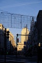 View of the empty Gran Via at dawn, Madrid, Spain