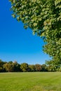 View of empty Great Lawn of Central Park under clear blue sky, in New York City, USA