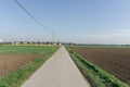 View of an empty green field with a cityline