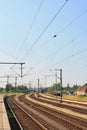 View of empty multiple train tracks from platform at Itzehoe train station in summer Royalty Free Stock Photo