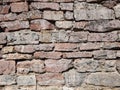 View of empty, old white, pink and grey brick wall background with copy space. A deteriorating old brick wall outdoors in sunlight Royalty Free Stock Photo