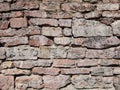 View of empty, old white, pink and grey brick wall background with copy space. A deteriorating old brick wall outdoors in sunlight Royalty Free Stock Photo