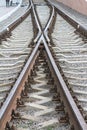 View of the empty railway fork, connection. Rails close-up with selective focus Royalty Free Stock Photo