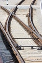 View of the empty railway fork, connection. Rails close-up with selective focus Royalty Free Stock Photo