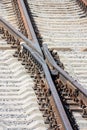 View of the empty railway fork, connection. Rails close-up with selective focus Royalty Free Stock Photo