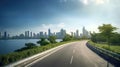 View of Empty road highway with lake garden and modern city skyline in background Royalty Free Stock Photo