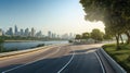 View of Empty road highway with lake garden and modern city skyline in background Royalty Free Stock Photo