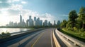 View of Empty road highway with lake garden and modern city skyline in background Royalty Free Stock Photo