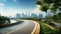 View of Empty road highway with lake garden and modern city skyline in background Royalty Free Stock Photo