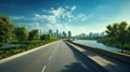 View of Empty road highway with lake garden and modern city skyline in background Royalty Free Stock Photo