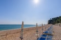 View of empty San Michele beach waiting for tourists. Conero, Marche, Italy