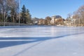 View of the empty skating ice rink in the Plovdiv, Bulgaria. Winter time, outdoor activities concept. space for text