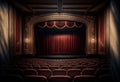 View or an empty theater or cinema with rows or seats and spotlight on a stage curtain. Generative ai Royalty Free Stock Photo