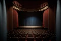 View or an empty theater or cinema with rows or seats and spotlight on a stage curtain. Generative ai Royalty Free Stock Photo