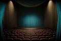 View or an empty theater or cinema with rows or seats and spotlight on a stage curtain. Generative ai Royalty Free Stock Photo