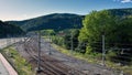 View of empty train tracks in Torre del Bierzo, Spain. Royalty Free Stock Photo