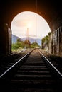 View of the end of the tunnel. Rail track. Railway.
