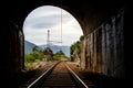 View of the end of the tunnel. Rail track. Railway.