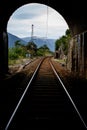 View of the end of the tunnel. Rail track. Railway.