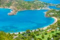 View of English Harbor from Shirley Heights, Antigua, paradise bay at tropical island in the Caribbean Sea Royalty Free Stock Photo