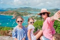 Mother and kids taking selfie with view of English Harbor from Shirley Heights, Antigua, paradise bay at tropical island Royalty Free Stock Photo