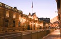 View of entrance gate of the Elysee Palace from the Rue du Faubourg Saint-Honore at night . Elysee Palace - official